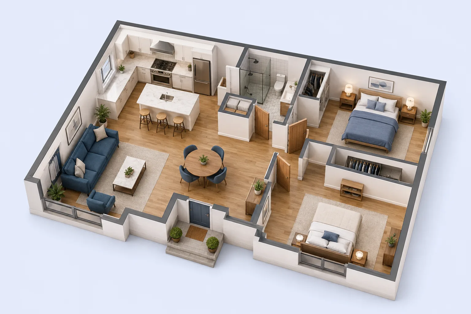 Concept illustration of a furnished two-bedroom home shown as a 3D cutaway, with an open kitchen and living area